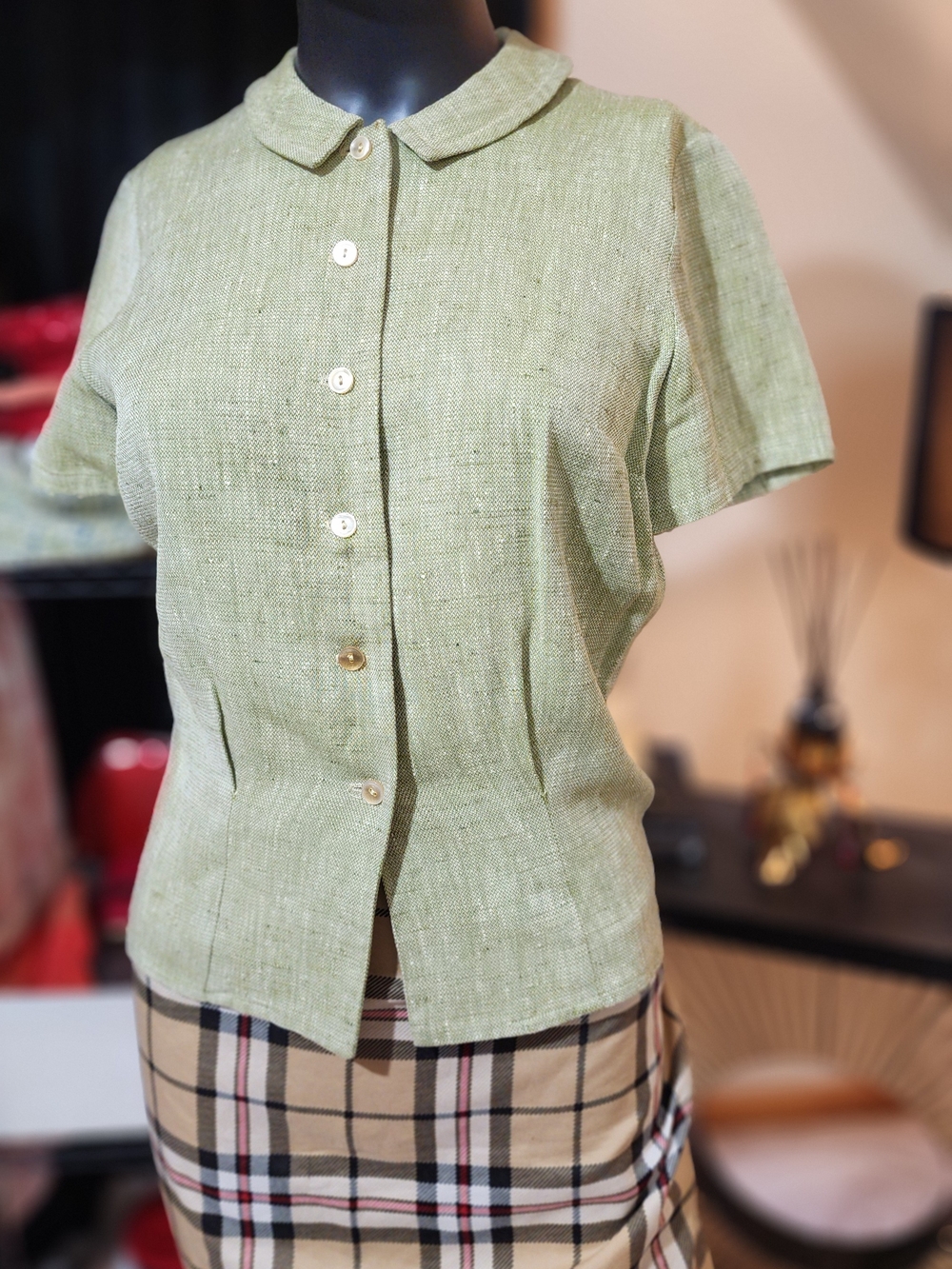 40s-50s Mr. Mort Sage Green Textured Button Front Top XS Hollywood Studio